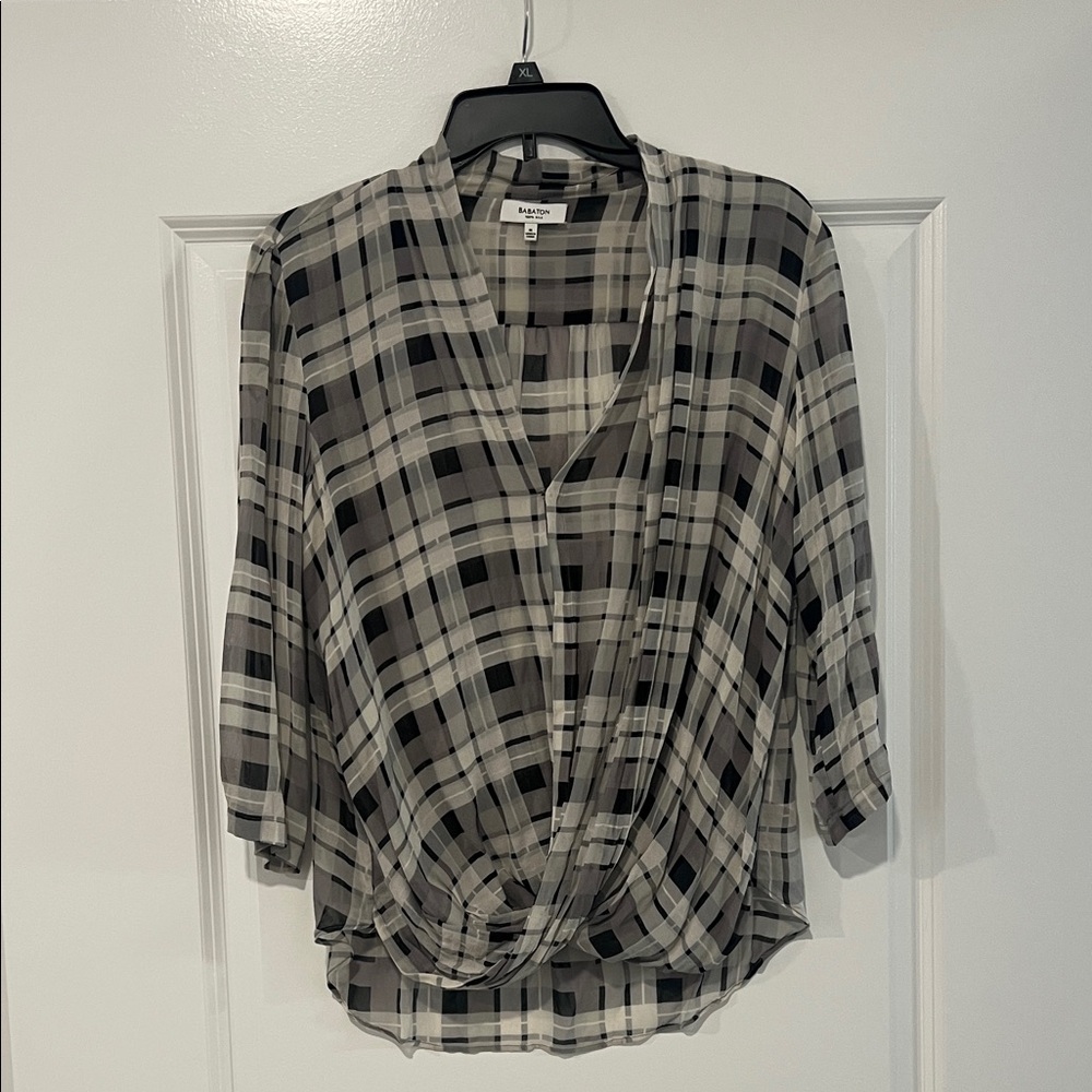 Babaton Silk Black and Gray Plaid Women's Blouse